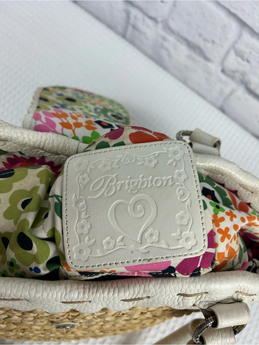 Brighton Raffia Tote White Leather Trim Daisy Floral Lined Shoulder Bag